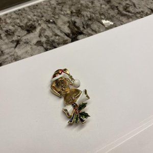 Signed Corel Gold Tone Brooch Pin - Christmas Dog In Santa Hat / Holiday